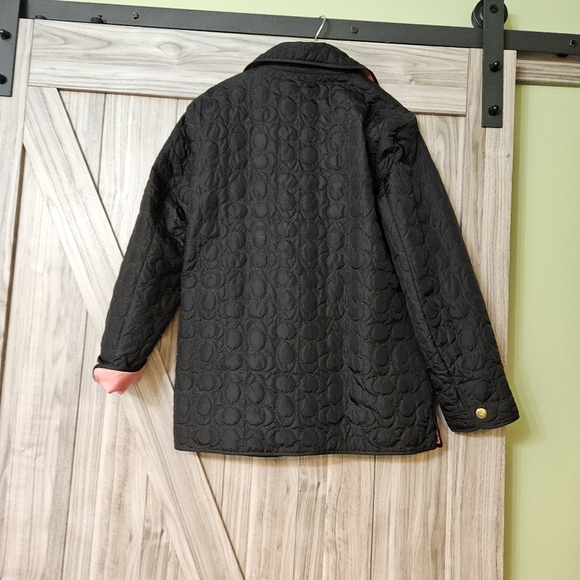 Coach Black Quilted Logo C Jacket Coat Button Front Pink Lining - Picture 9 of 12